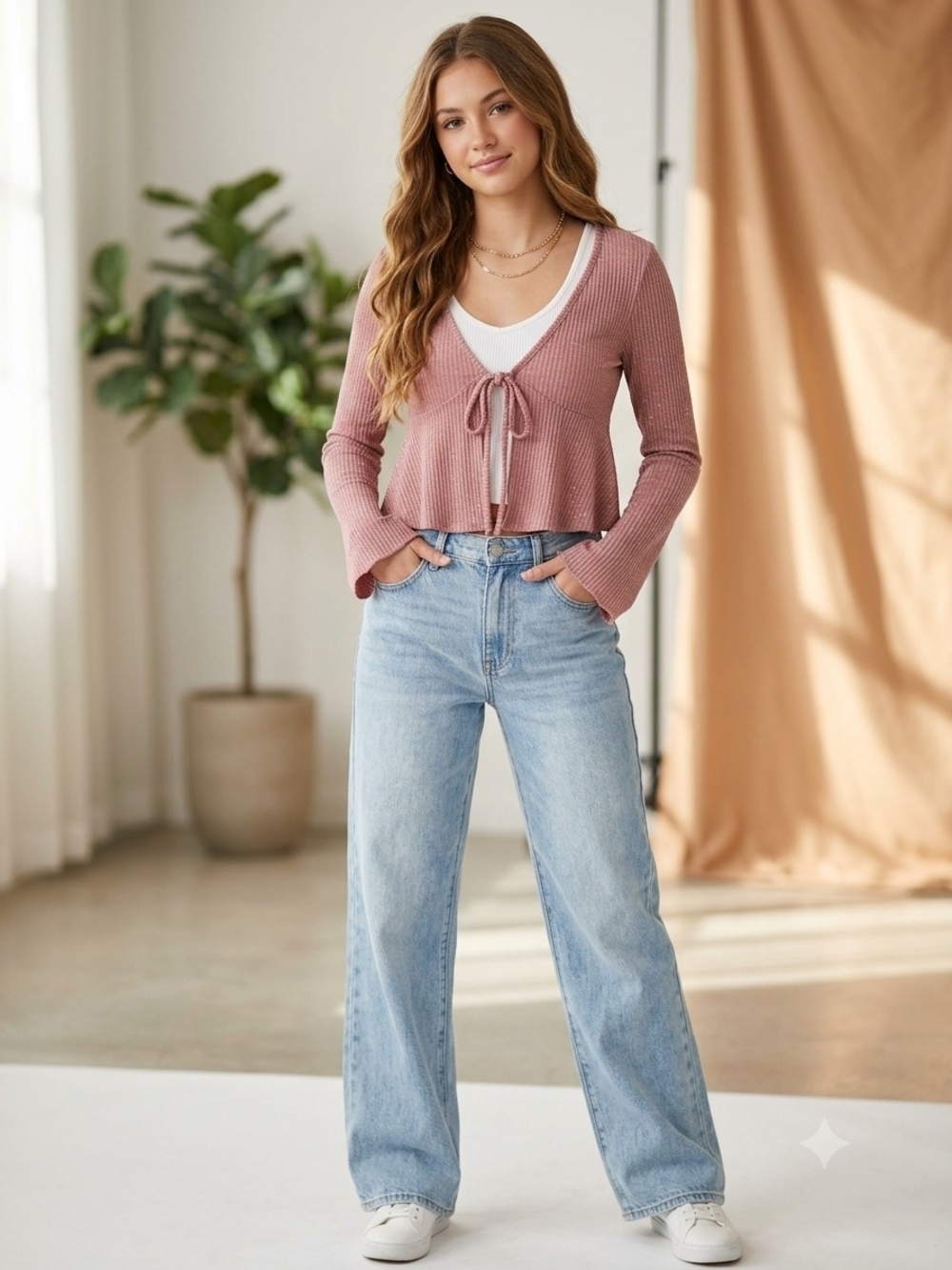 Papermoon Pink Sparkley Ribbed Tie-Front Long Sleeve Top